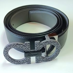 Salvatore Ferragamo Gunmetal Engraved Dual Gancini Reversible Leather Belt